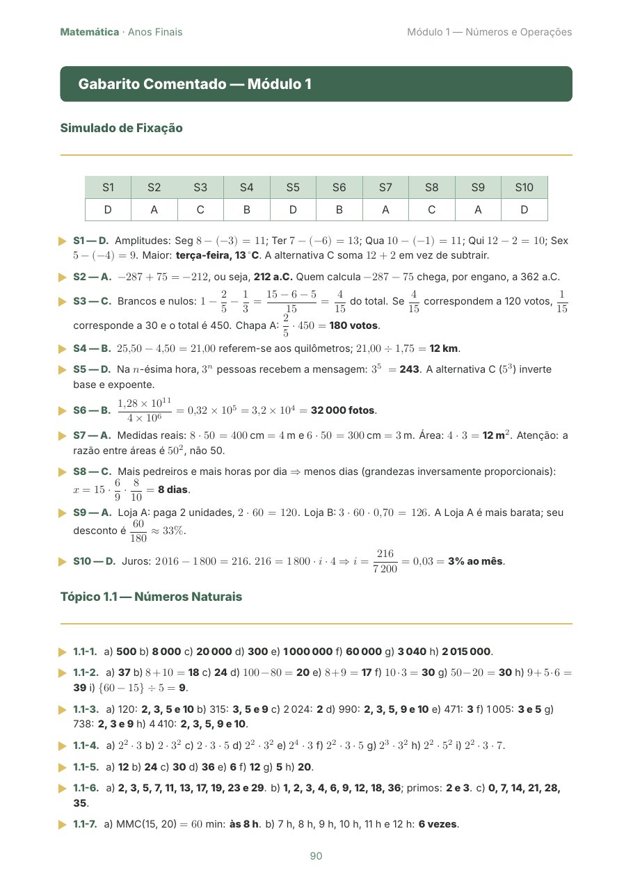 Página do Gabarito Comentado do Módulo 1