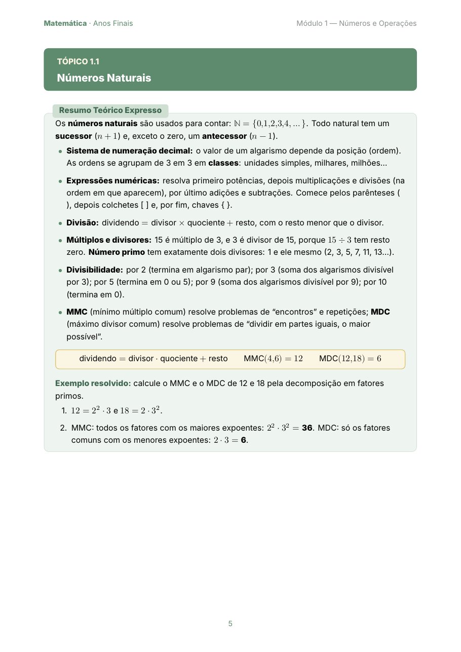 Página com o Resumo Teórico Expresso de Números Naturais